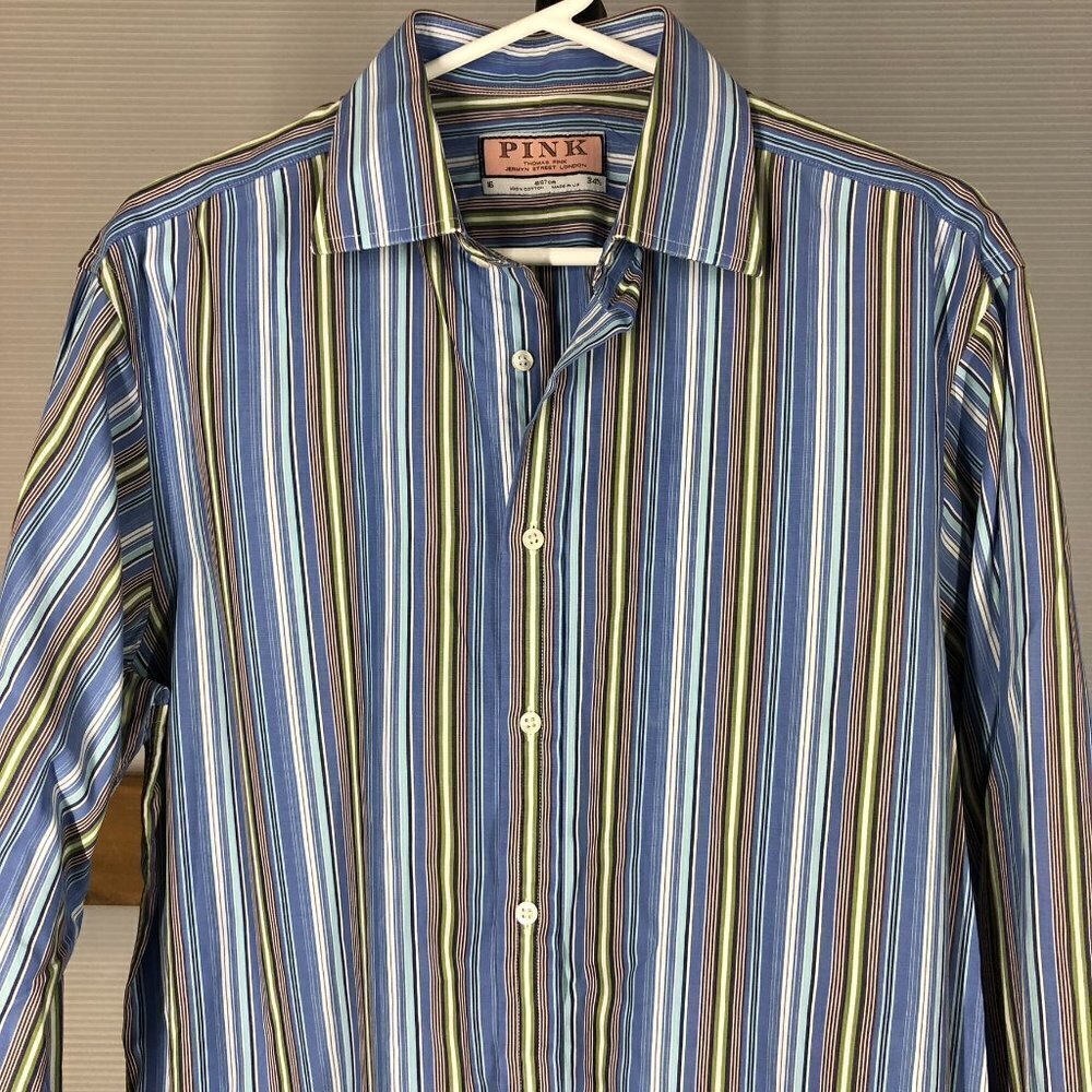 Pink THOMAS PINK Striped Button Down Shirt Blue Yellow White Green Sz 16 /‎ 34.5 - Picture 5 of 10